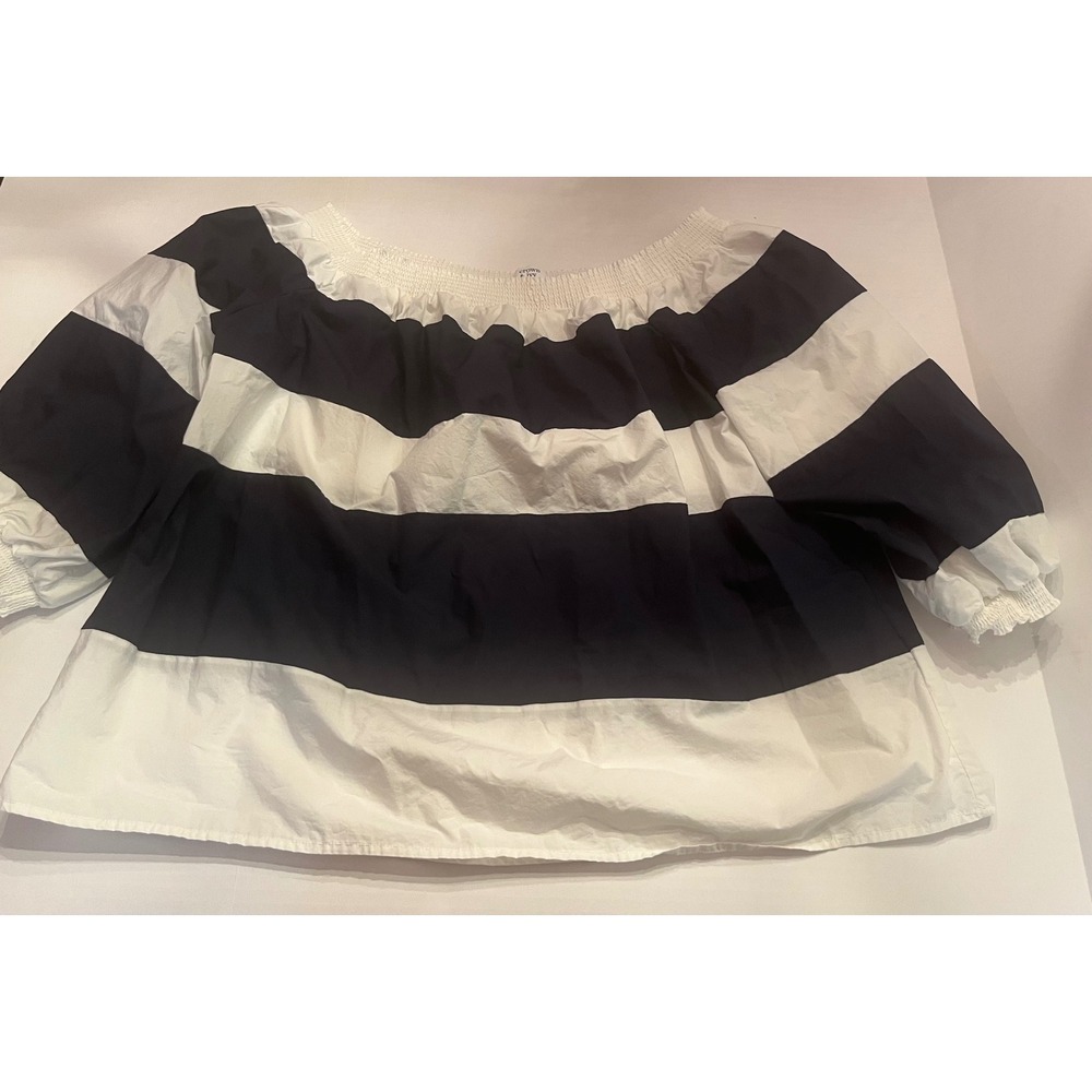 Crown & Ivy Womens XL Off The Shoulder Striped Blouse Navy Blue White Cotton